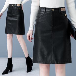 秋冬皮装羊半身短裙女新款百搭包臀绵皮裙子小个子高7715腰字裙