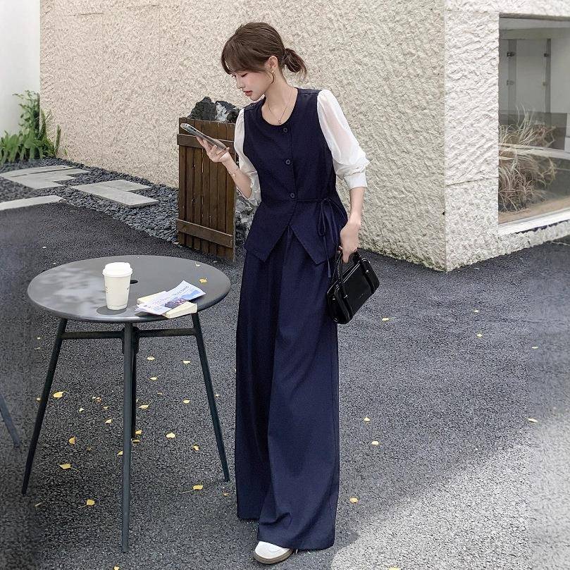 藏B157-222青色冷淡系穿搭一整休闲套装女2205季新款假两套件衬衫