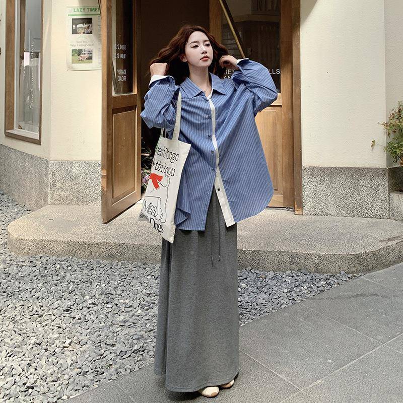 韩时尚文范披肩条纹系衬衫套装裙女秋20季25新款半身长C292-257裙