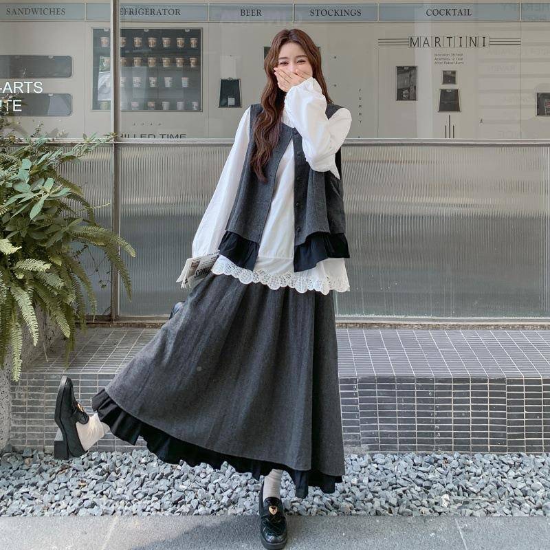 套深灰色松弛穿搭裙马甲装女20感25秋季法式花边2B218-25衬衫半身
