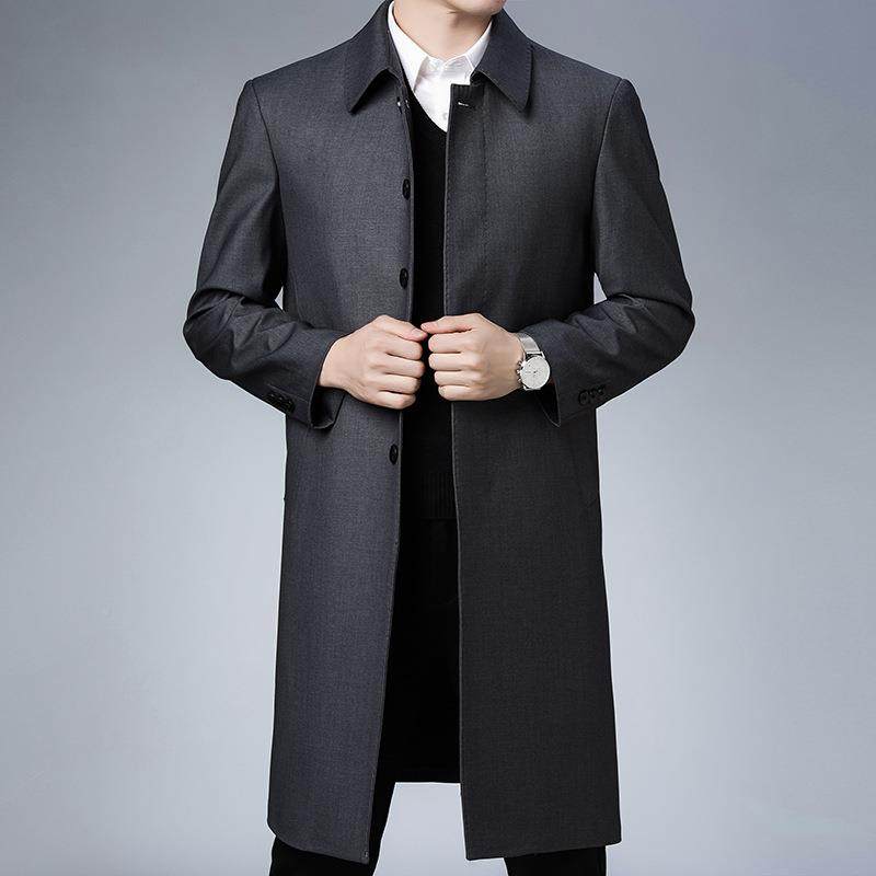 秋195-PP季中年式男风衣长款过膝排外套商务休闲纯色扣大衣单爸爸