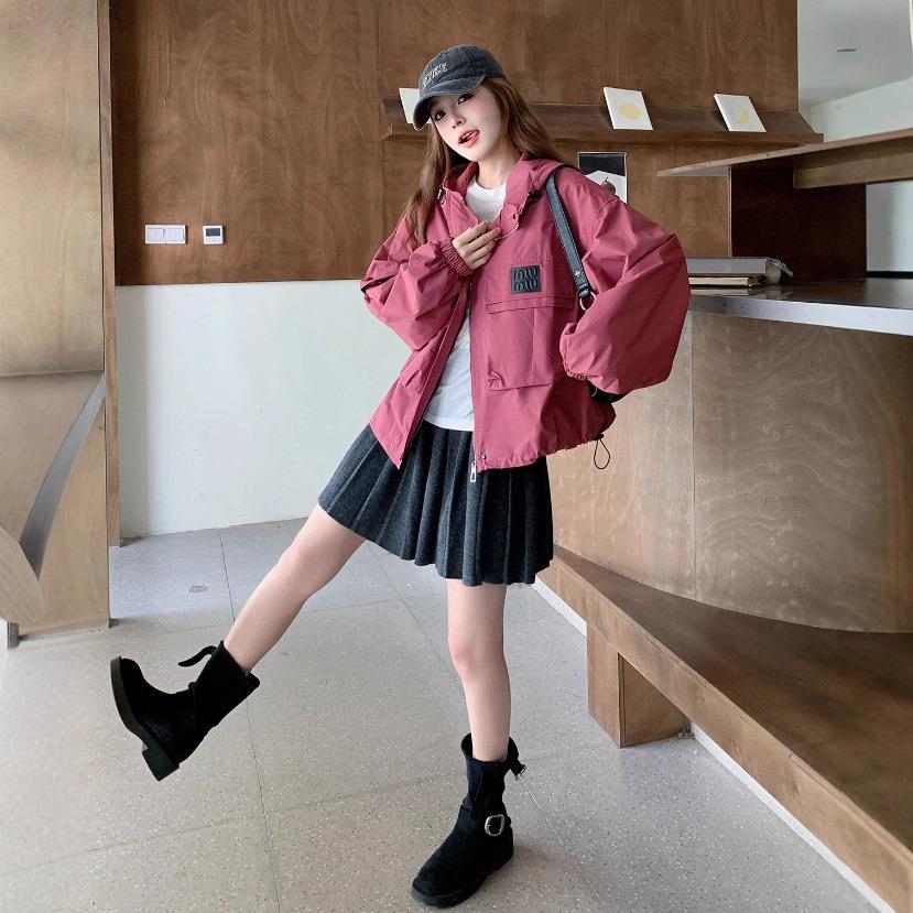 玫红色韩好系看龄连帽工外套女2025秋小个子减休闲短装C233-581款