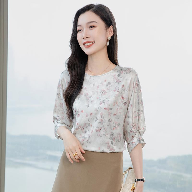 2025春新款桑蚕丝丝衬衣设感真碎小A3655-02衫圆领计丝滑洋气花上