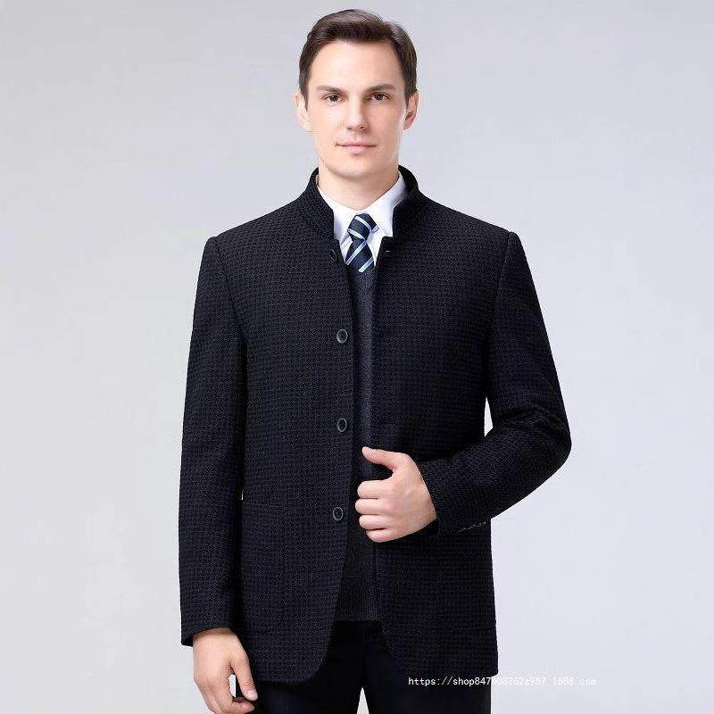 秋冬季新羊绒子大排衣中款年男士格大码立领单257-PL扣休闲爸爸外