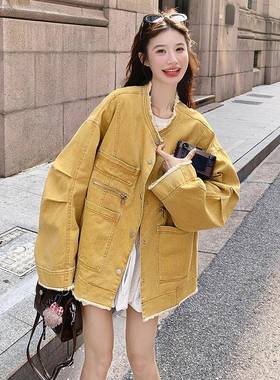 新黄色复古个设计感毛边牛仔外套女2025秋款小领子又酷又飒圆C201