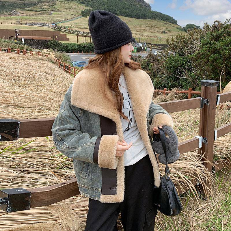 女牛外套2024冬装YQ3306-1新款女装仔拼接时保暖加绒尚百搭牛仔衣