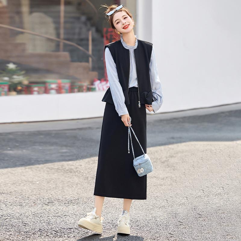 HE5009-0时尚休闲套装2025春裙季新领款圆收腰马甲中长两件套裙0