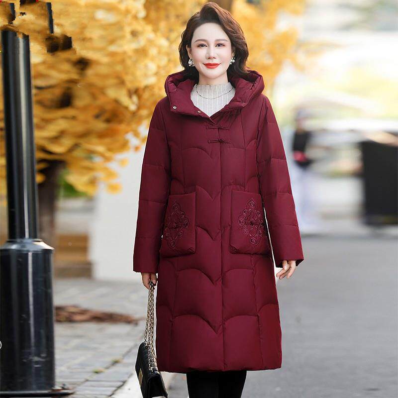 正品撤柜妈妈帽羽绒服连过款女冬极寒加122-829厚白膝鹅绒中老年