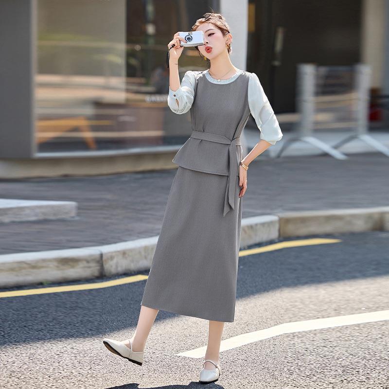 202HE5015-05春季新款气质假0两件拼接套小中长开衩遮肉衫半身裙