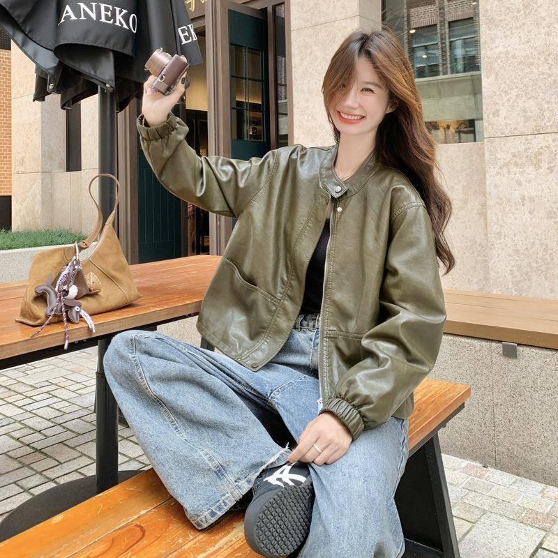军绿色子美式复古短款PU皮女衣外套街2025C291-P31秋季小个时尚炸