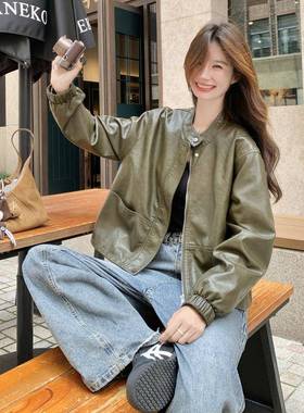 军绿色子美式复古短款PU皮女衣外套街2025C291-P31秋季小个时尚炸
