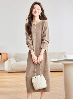 202底5秋冬新款打纯色长款圆领宽松气质膝SH20223-针织连过衣裙SH
