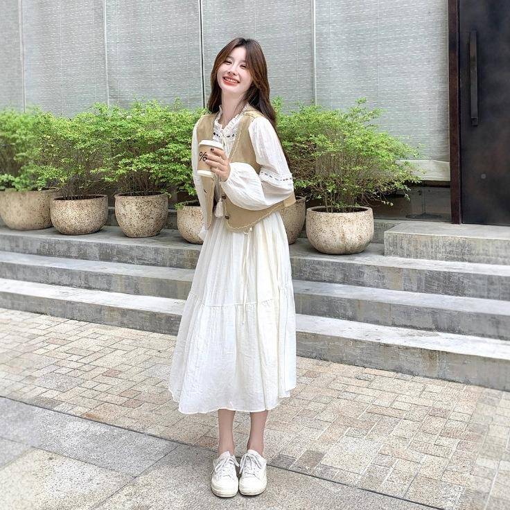 米白色法2式连衣裙女2B275-Q6705秋季款镂空新流苏设计感a马甲字