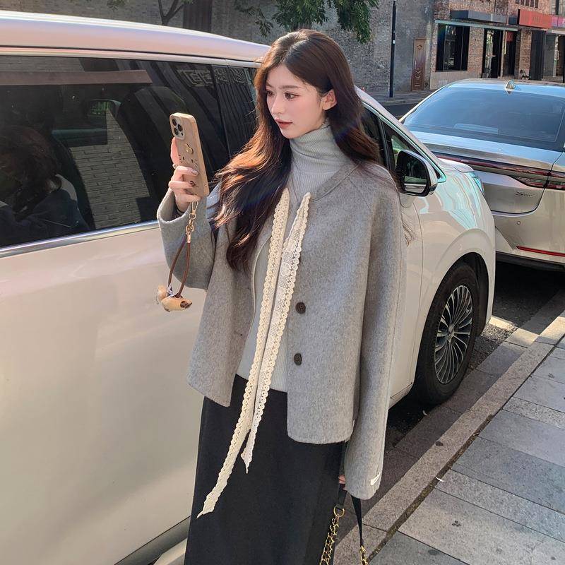 025秋冬新款女装蕾丝飘带2毛呢衣LS9659-0时尚女式毛呢外套 LS羊9
