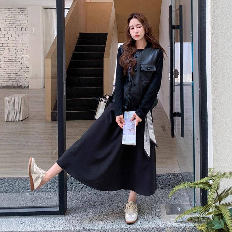 黑色长袖连衣马裙p皮甲u款两件套女春秋2B271-822025大方得体爆高