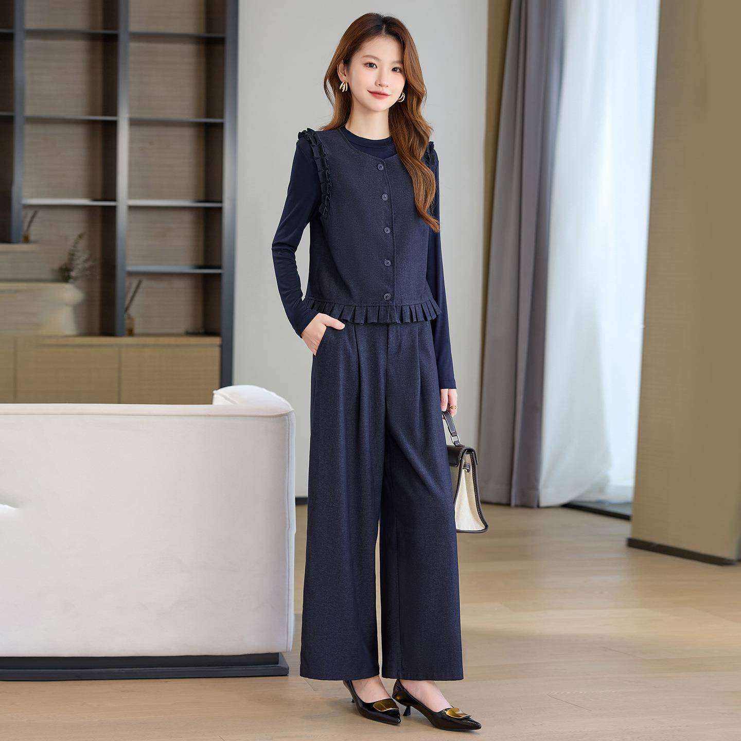 时尚套装女HR1197-02025秋季新款香洋气马甲针织阔腿裤三件套风HR