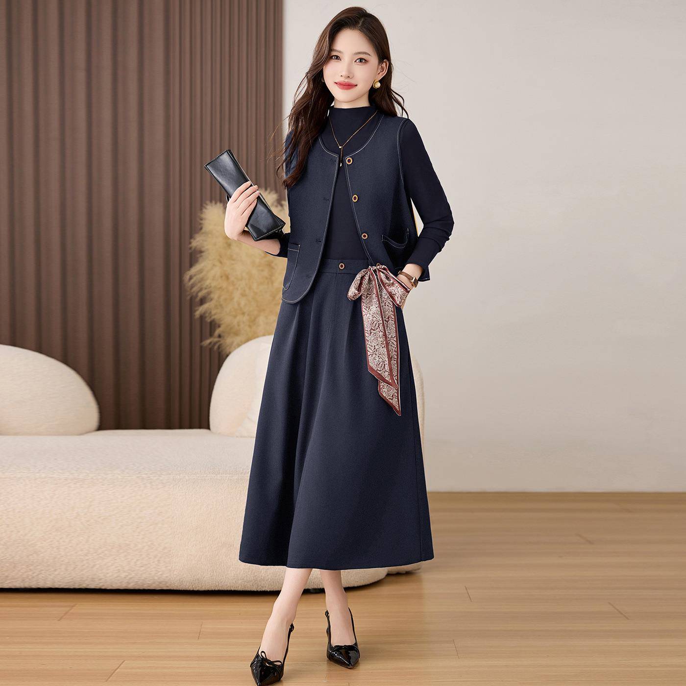 时季尚套装205秋新JX2563-0款女气质马甲针织衫半裙三件套2配丝巾