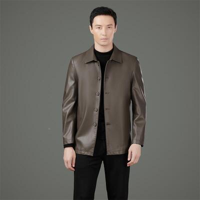 新款海宁纽真皮皮衣男扣2533-KJ款翻中年爸爸皮上衣领秋季休皮闲