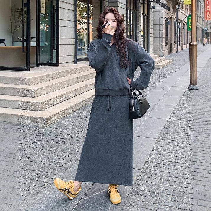 灰色复古C239-105慵领懒风V卫衣件套装裙女2半025秋韩系宽松休闲