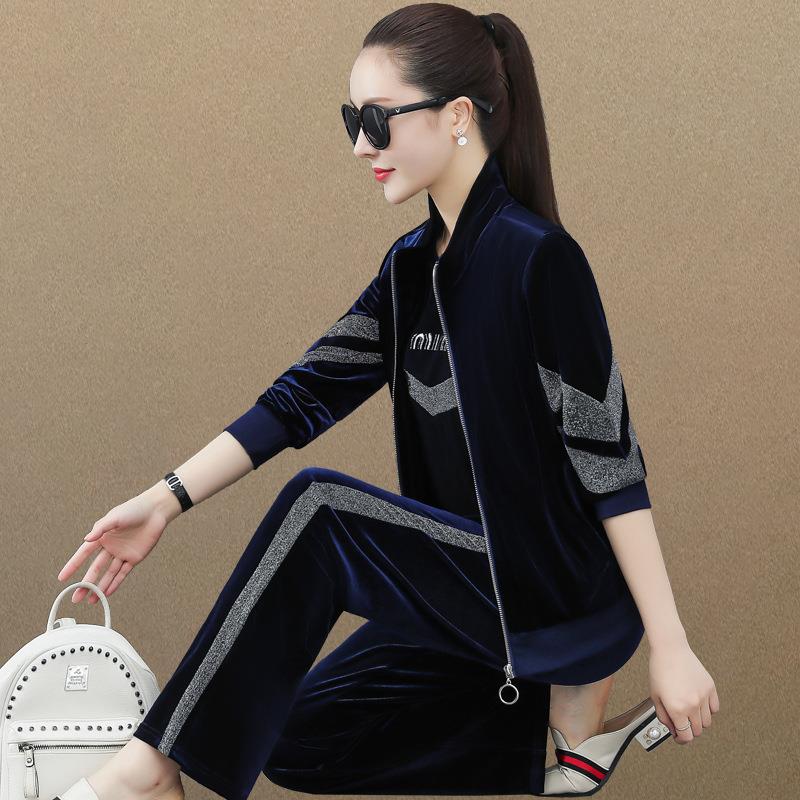 金丝运动装女士秋新款宽松阔腿套绒52-21308裤春洋气开衫卫衣休闲