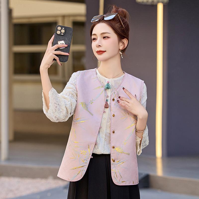 2025春YB8837-0季女绣花衬甲衫新中式马竹叶提花两别件致套背心外