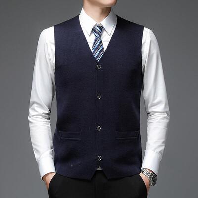 06518-P25秋男冬新心款中年士2V领开衫坎肩马甲背羊绒无袖针织衫