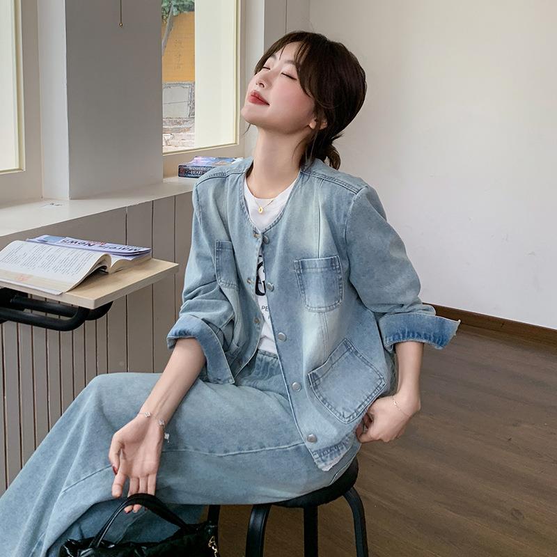 牛装仔蓝蕾丝花边甜风牛两仔套女2025秋季c075-603新款短外套阔腿