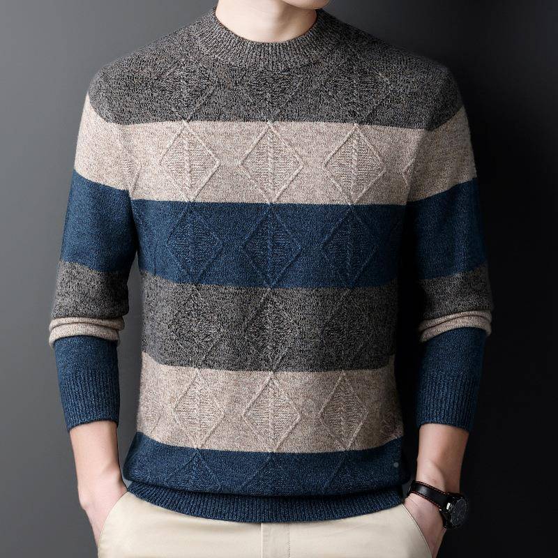 2024秋冬季新款休士闲大码8838-T男半高圆羊领加厚毛衣中年针套头