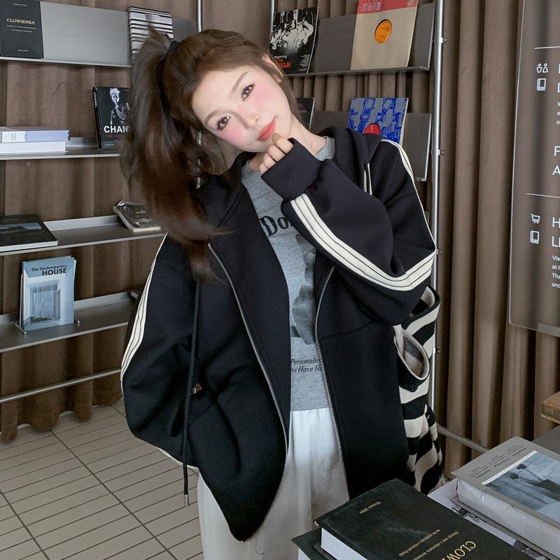 黑色院休闲运动连学C372-837帽卫衣外套女瘦2025秋韩系风小个子宽