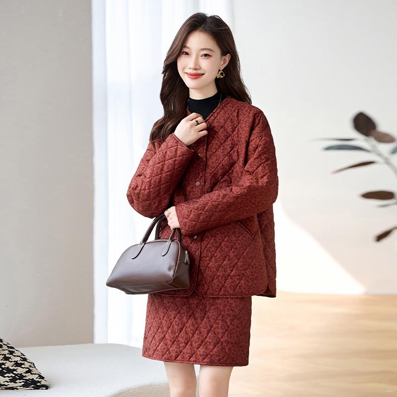 时尚休闲装套秋冬新款韩版菱格夹1加厚上衣半裙两件套裙 棉LB7LB7