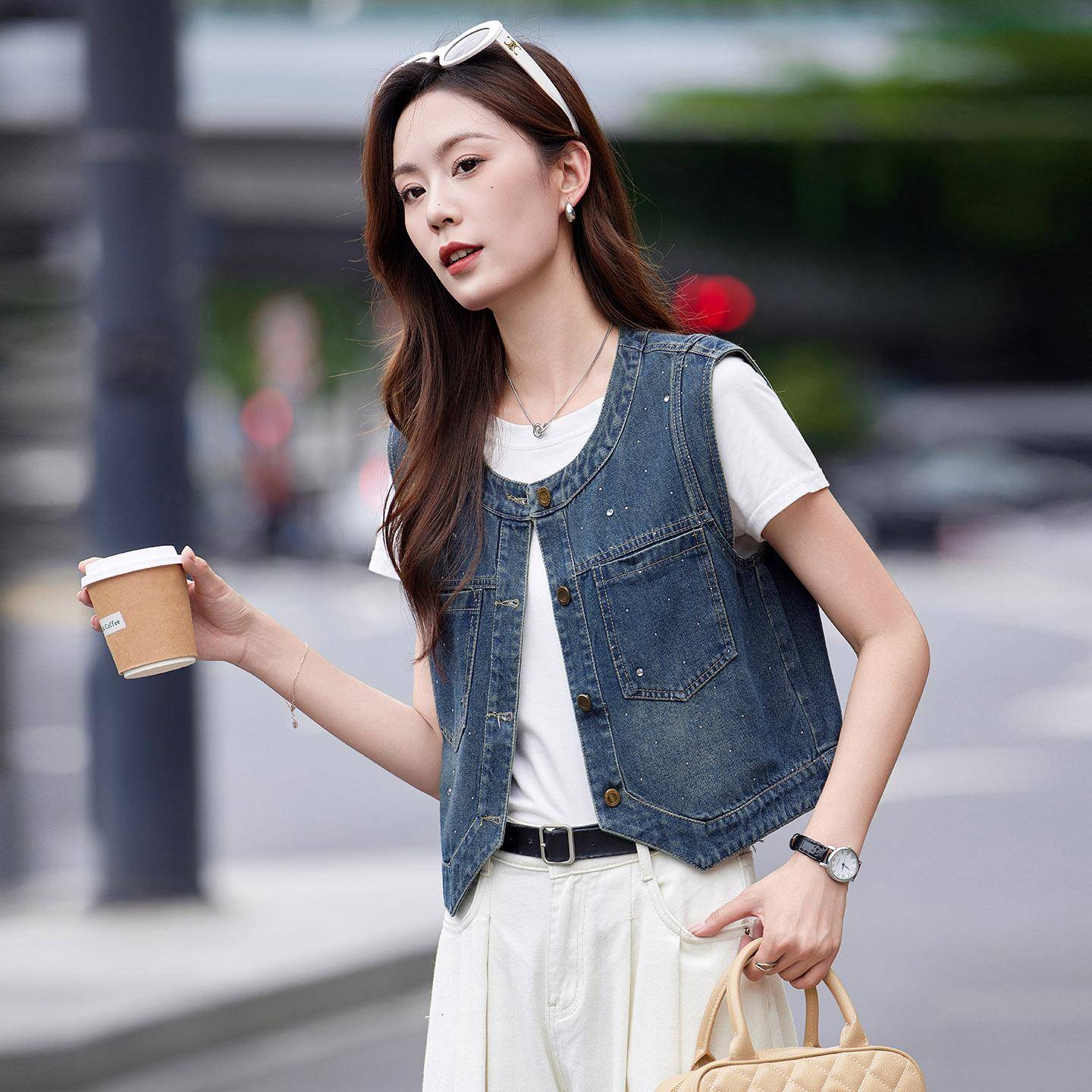 领202GE2560-05秋季新女装单排扣时套尚圆百搭舒适外款牛仔马夹 G