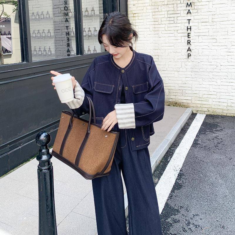 深蓝色港秋风复古牛仔休闲套装女2025季新款套圆领外阔腿裤C182-T