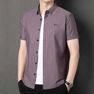 薄款 夏免季 衬男中年商务休闲烫条衬衣翻领衫 II袖 纹 桑蚕丝短3511