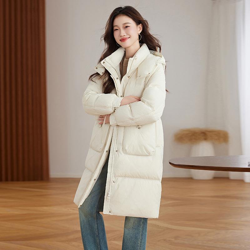 冬季新款收腰HE99802-连帽时膝尚女式羽绒服长款绒过宽松白鸭外套
