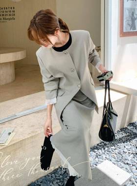 灰色设C155-890计感蕾丝拼接无领气西套装裙女025秋2质时尚半身裙