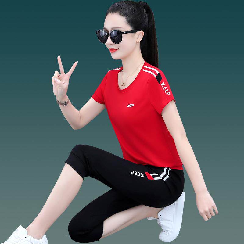 运动套装冰女季中闲年妈妈丝短袖七分裤时尚显瘦休9452820跑步夏