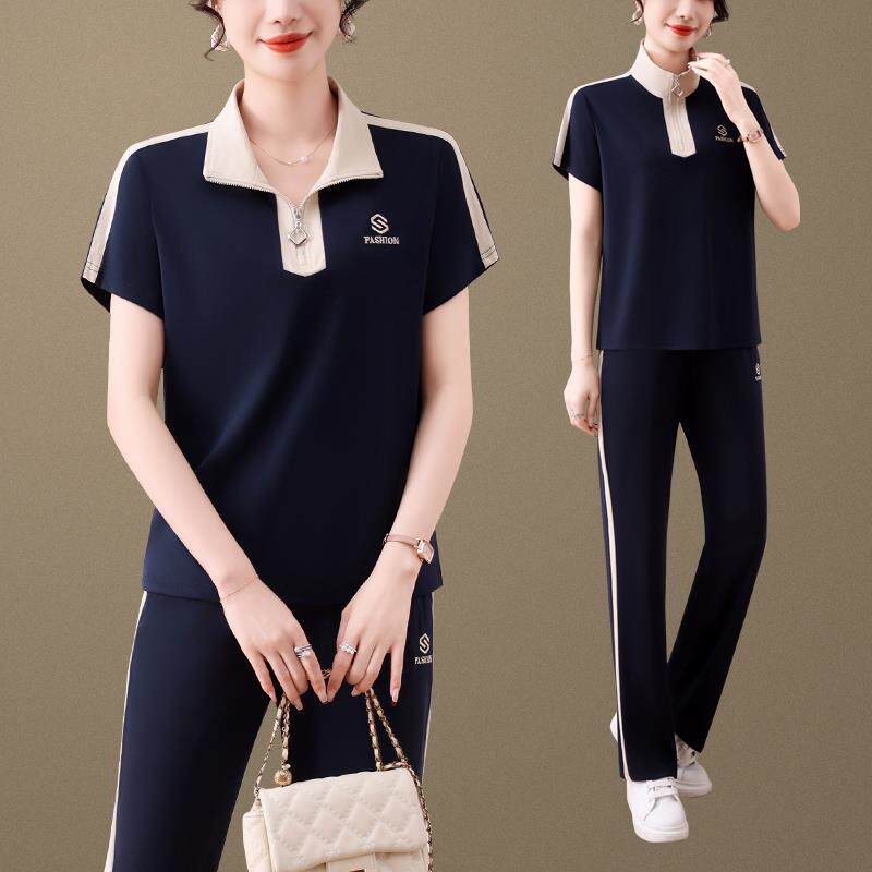 冰丝款袖尚休闲时94681套短装女夏季新显瘦跑步服时尚两件套