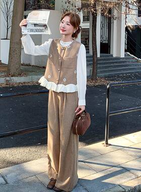 卡其休韩系设计感刺绣马甲色套装女打20B106-85225秋季新款底衫闲