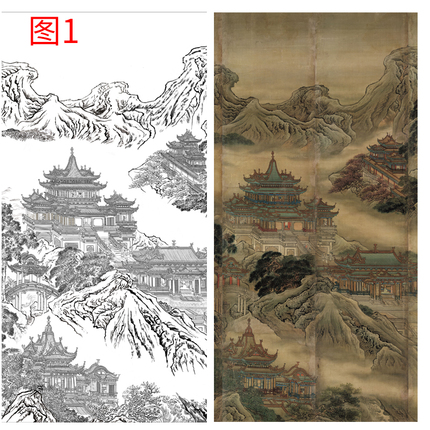 国画工笔画打印白描底稿山水高清线描竖幅初学者临摹勾线上色练习