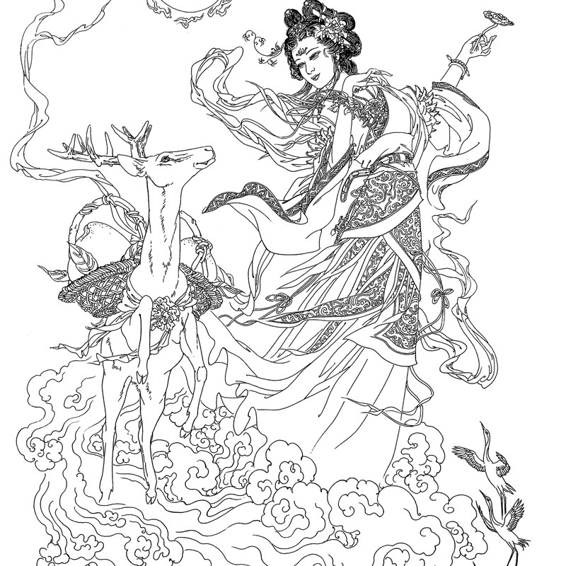 工笔画打印白描底稿竖幅麻姑献寿图无彩图非高清初学者临摹线描