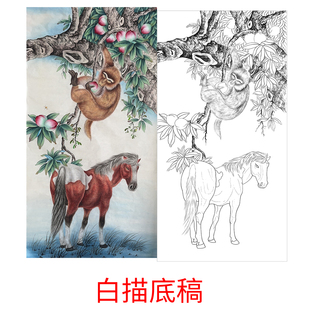工笔画打印白描底稿竖幅马上封候高清线稿初学者临摹参考创作