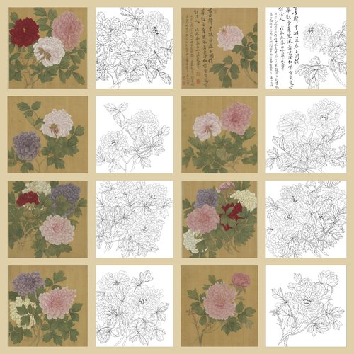 单选】工笔画打印白描底稿斗方牡丹花卉高清板绘线描初学者临摹