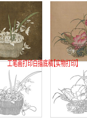 工笔画打印白描底稿宋画花篮兰花荷花高清线稿初学者临摹过稿练习