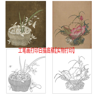 工笔画打印白描底稿宋画花篮兰花荷花高清线稿初学者临摹过稿练习