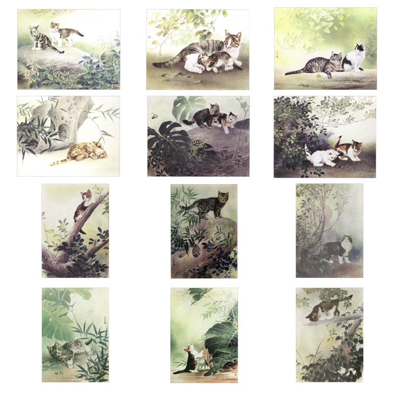国画工笔画打印白描底稿动物小猫12幅一套初学者临摹勾线过稿