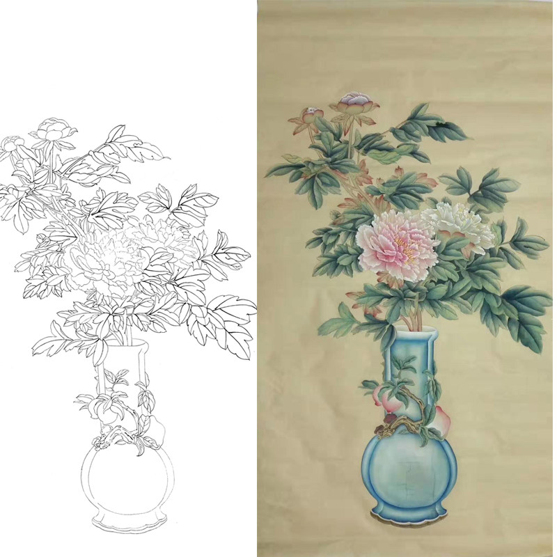 工笔画白描打印底稿清代竖幅花瓶牡丹初学者临摹透稿勾线练习