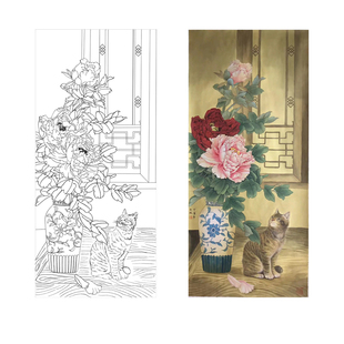 国画工笔画打印白描底稿竖幅花和猫初学者临摹勾线过稿上色练习