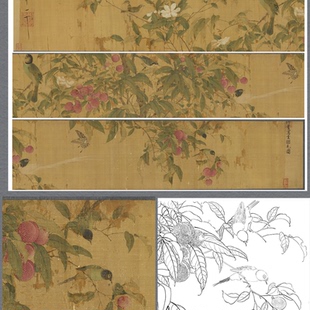 工笔画白描底稿赵佶《写生翎毛图》长卷花鸟高清大图初学者临摹