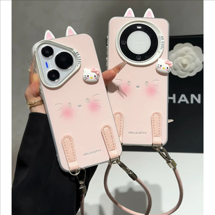 适用华为Pura80/70pro手机壳Mate70新款Mate60卡通淡青猫耳朵挂绳Nova14Ultra软壳苹果14/15/16promax保护套