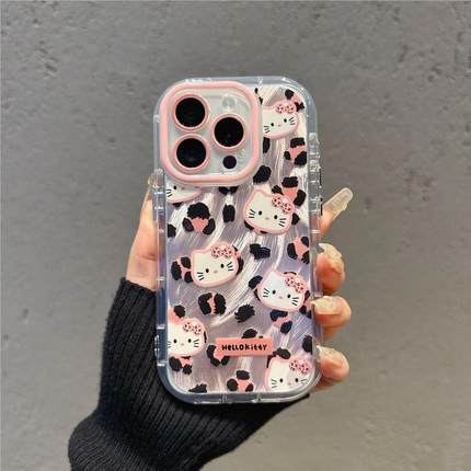 粉色渐变豹纹凯蒂猫手机壳适用iPhone16新款苹果15/14promax少女心小米13/14软壳红米K60/70个性note13/14女